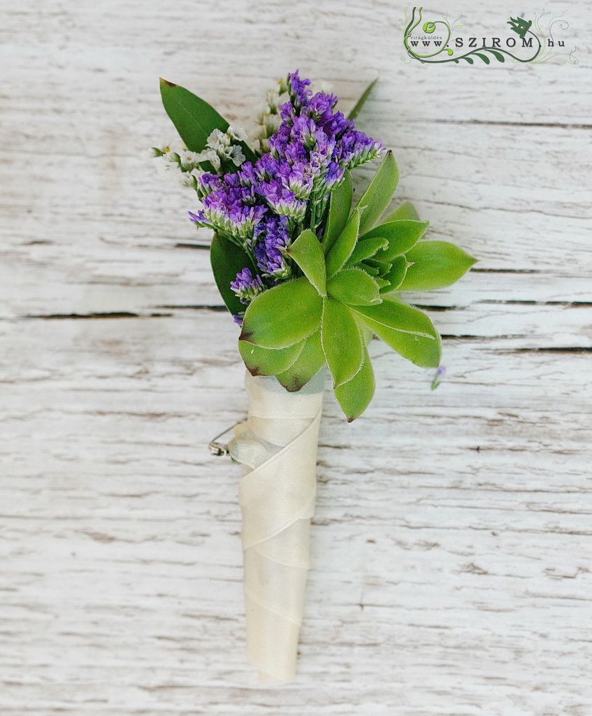 flower delivery Budapest - Boutonniere of statice and succulent (purple, green, white)
