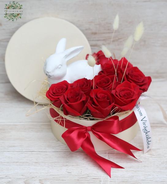 Blumenlieferung nach Budapest - Rote Rose Box mit Hase (10 Stiele)