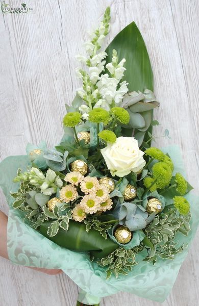 white-green-blue bouquet with Ferrero chocolate