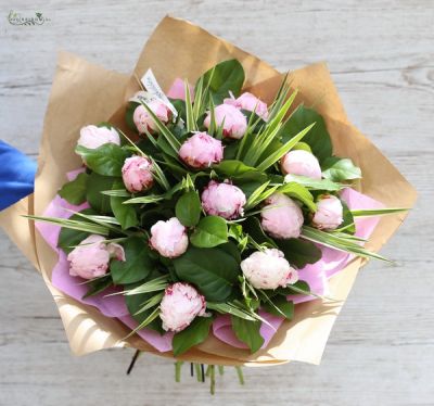 13 peonyes with a lot of greenery in bouquet