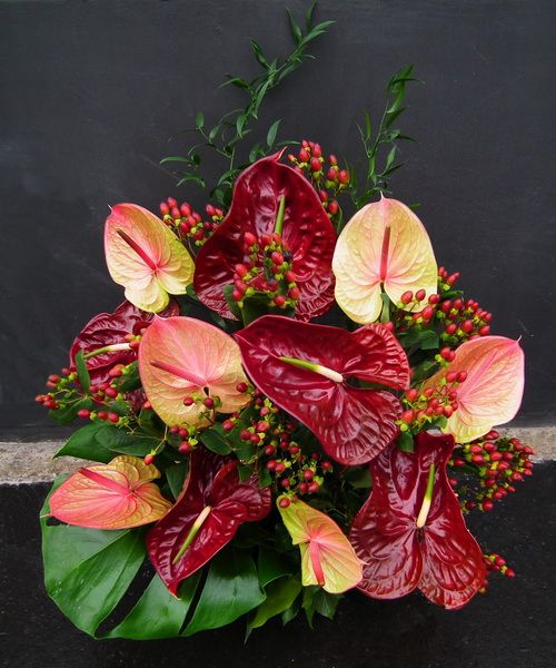 11 Flamingoblumen und 10 Hypericum Beeren