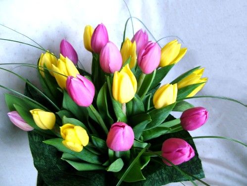 20 tulips in a round bouquet