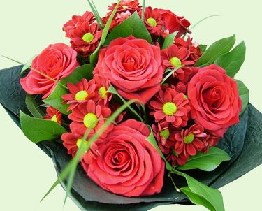 5 rote Rosen mit 5 rote Chrysantheme (25cm)