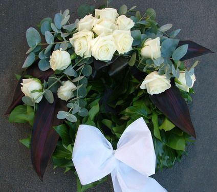 small ivy wreath with white roses and eucalyptuses (55 cm)