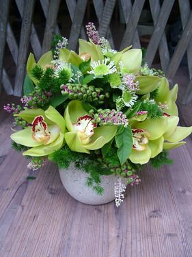 medium size bier arrangement with green orchids in a ceramic base (40 cm)