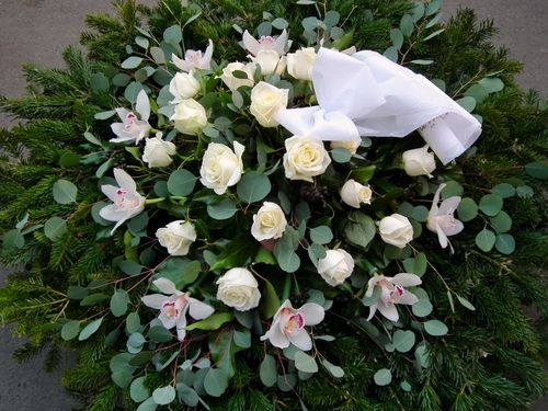 dome wreath with orchids, roses and eucalypt (1m)