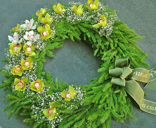 greek wreath with green orchids and gypsophilla (1m)