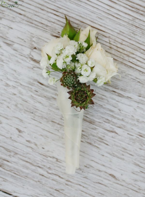 Boutonniere of rose (rose, sempervivum, white)