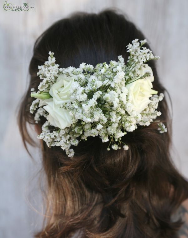 Hair flowers with lisianthus and baby's breath (white)