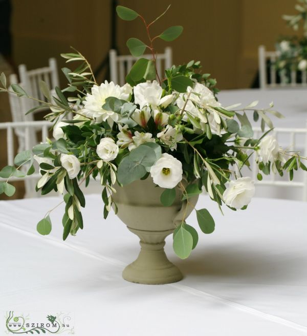 Wedding Centerpiece rustic stone pot, Vajdahunyad Castle Budapest (lisianthus, dahlia, alstromelia,  white)