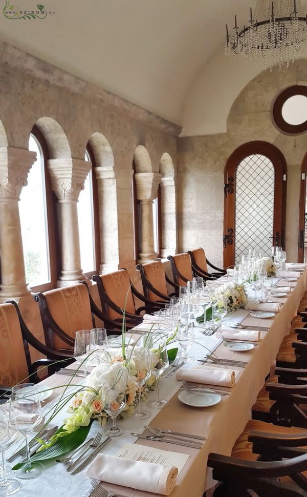 Wedding Long Table Decoration, 1pc, Fisherman's Bastion Restaurant Budapest (hydrangea, rose, spray rose, gladiolus, gypsophila, white, green, peach)