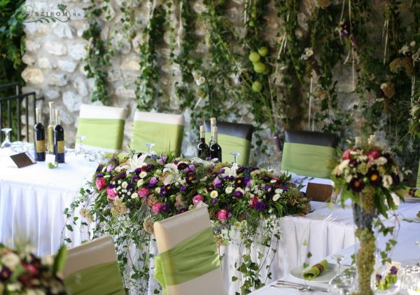 Main table centerpiece Bélapátfalva (rose, lily, lisianthus, sedum, echinacea, aster, purple, pink, white), wedding