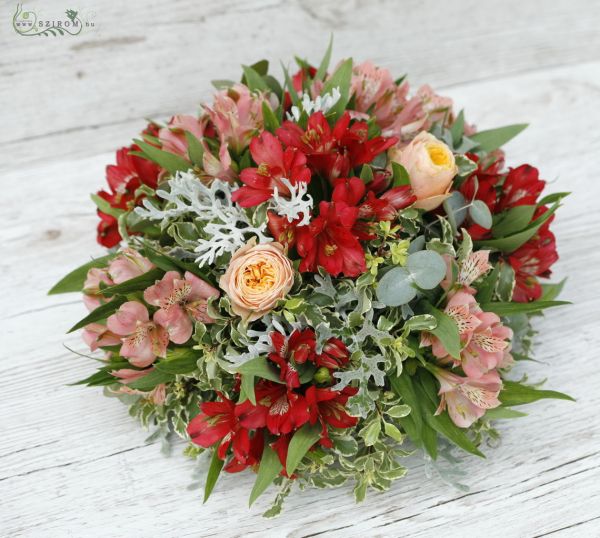 car flower (alstroemeria, English rose, red, orange, peach)