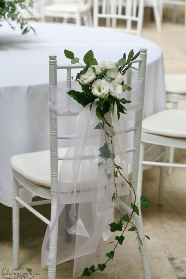 wedding chair decor, Vajdahunyad castle, white lisianthus