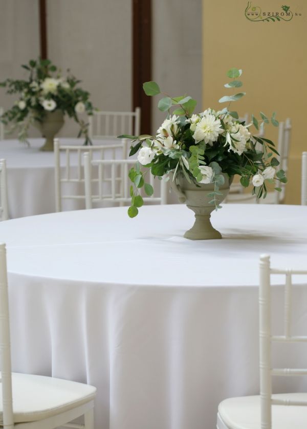 1 pc Wedding Centerpiece rustic stone pot, Vajdahunyad Castle Budapest (lisianthus, dahlia, alstromelia,  white)