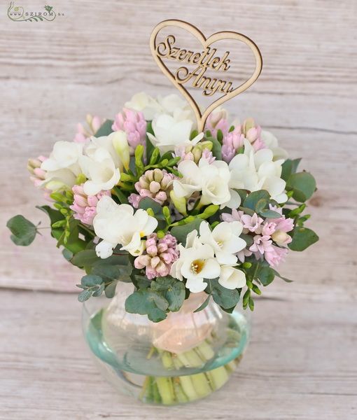 mother's day glass ball with hyacinth and freesia