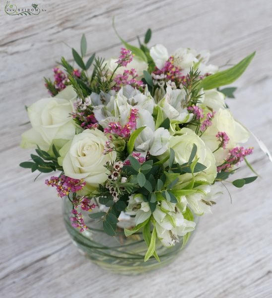 White roses with alstromeries in glass ball 