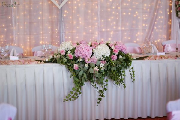 Gellért Hotel Budapest, main table centerpiece (peony, hydrangea, lisianthus, rose, pink, white), wedding