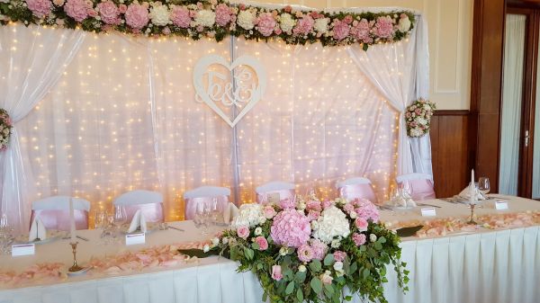 Gellért Hotel Budapest, main table centerpiece (peony, hydrangea, lisianthus, rose, pink, white), wedding