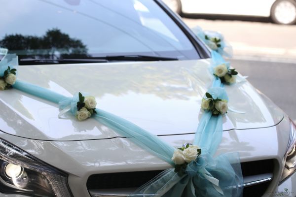 Car decoration with roses (rose, organza, white, blue)