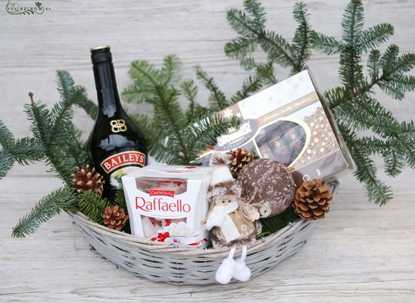 Karácsonyi ajándékkosár Baileyssel, kislánnyal