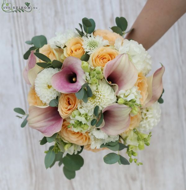 Bridal bouquet (cala, rose, dahlia, peach, white, light pink)