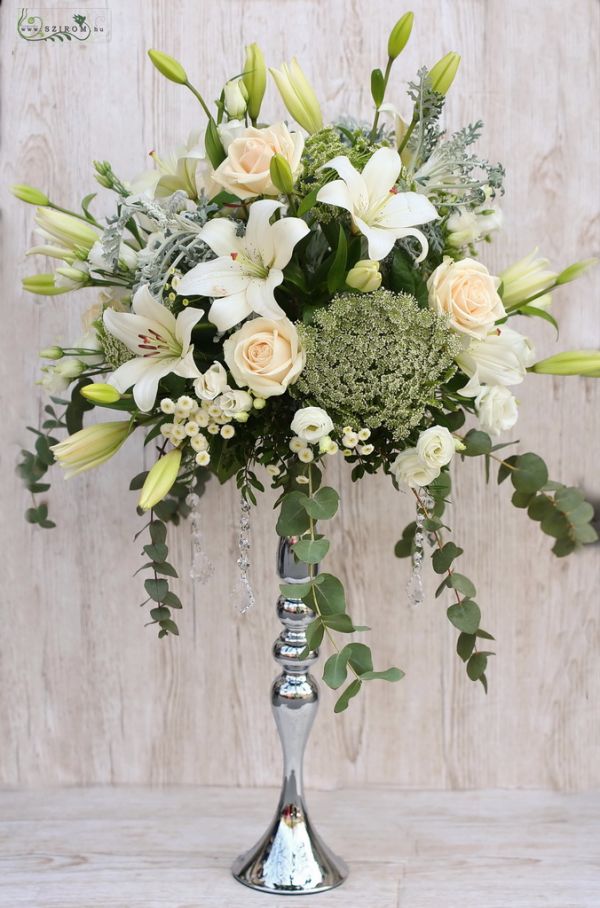 Centerpiece on silver base (asian lily, rose, lisianthus, wild flowers, white)