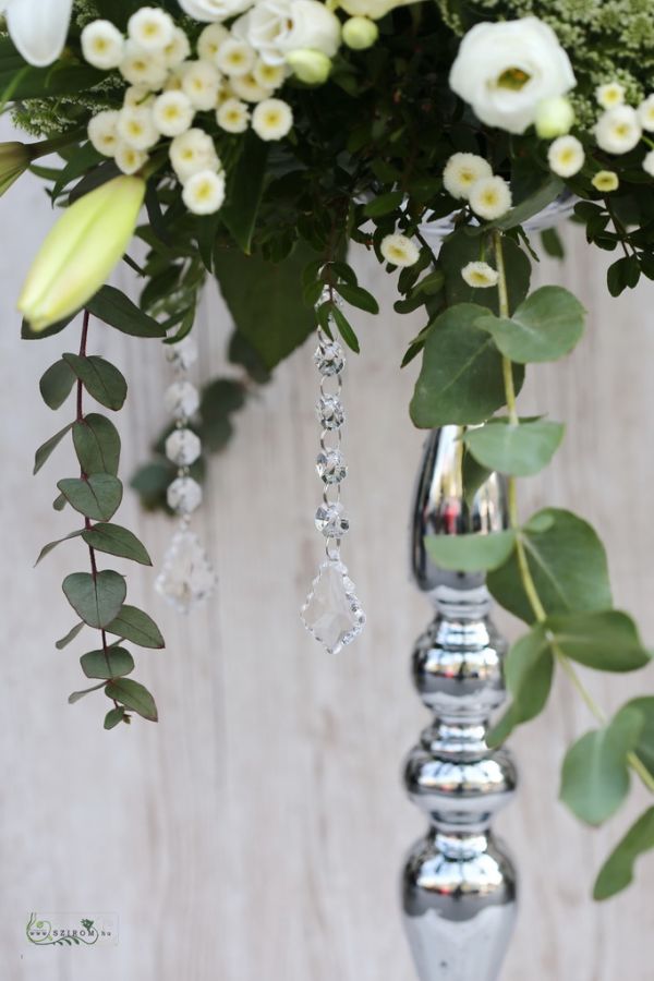 Centerpiece on silver base (asian lily, rose, lisianthus, wild flowers, white)