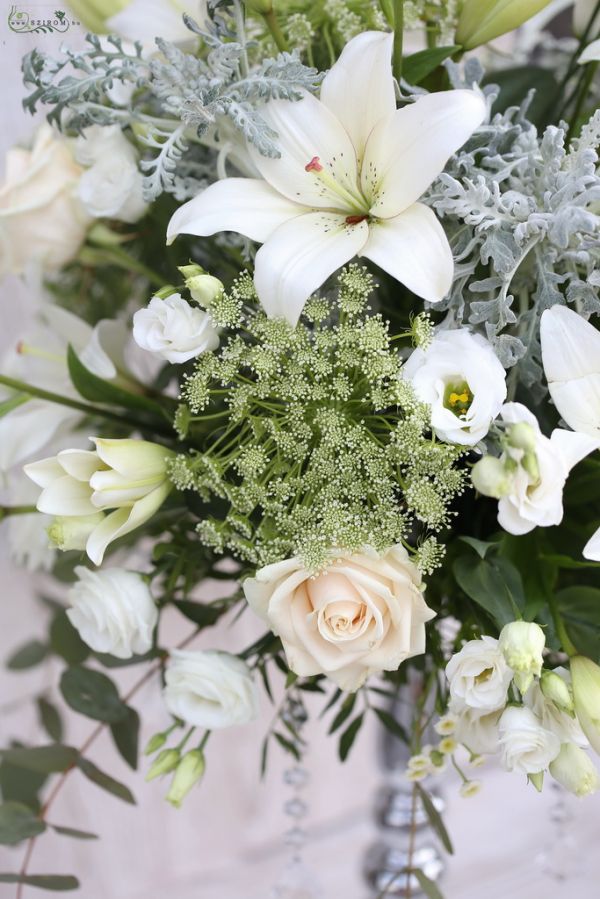 Centerpiece on silver base (asian lily, rose, lisianthus, wild flowers, white)