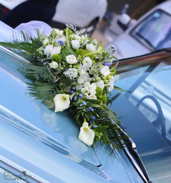 Car flower decor (rose, calla, gentiana, lisianthus, white, blue)