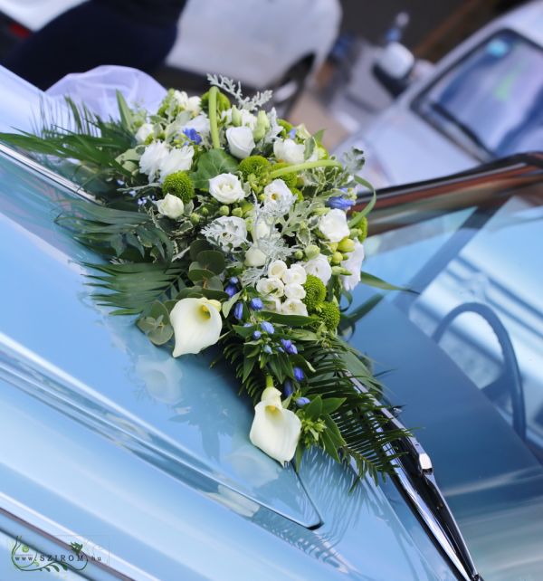 Car flower decor (rose, calla, gentiana, lisianthus, white, blue