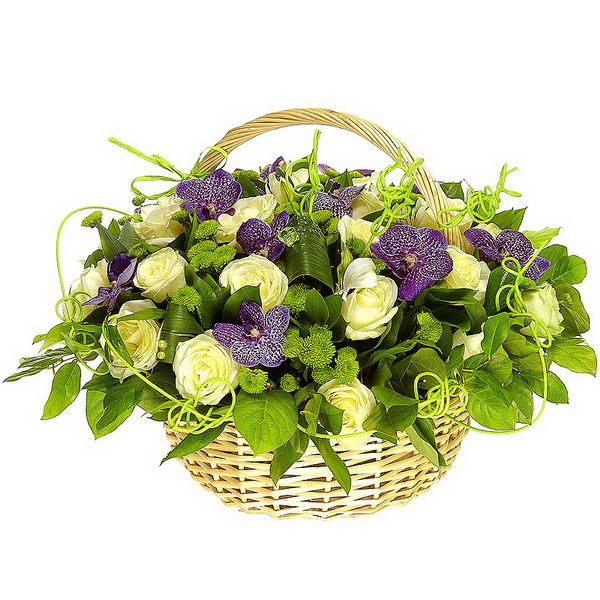 eleganter Blumenkorb mit Vanda-Orchideen und 20 Rosen (37 St)