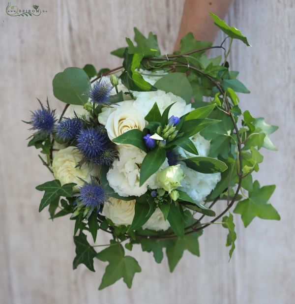 bridal bouquet (eryngium, rose, lisianthus, white, blue)