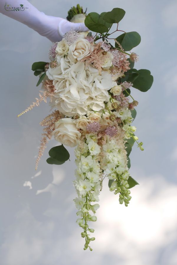 drop shape bridal bouquet (rose, delphinium, hydrangea, creme, white)