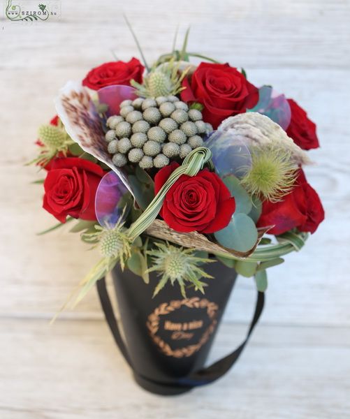 Modern red rose box with seashells and holographic disks