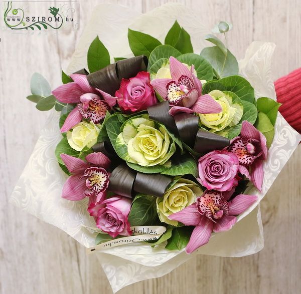 Modern bouquet with orchids, brassicas, roses (13 stems)