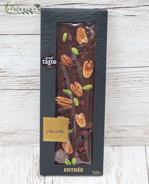 chocoMe Valrhona 66% étcsokoládé, fahéj, vörösáfonya, brontei pisztácia, pekándió (110g)