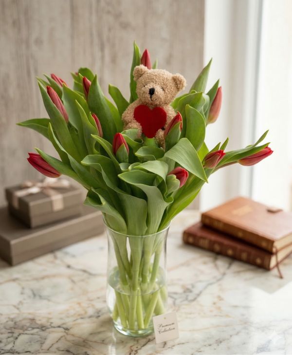15 red tulips in vase with teddy with heart - original product photo with AI background