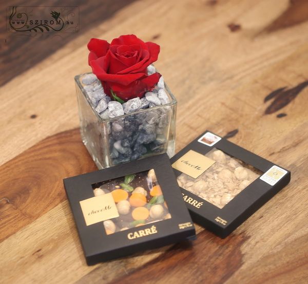 Red rose in glass cube with pebles, 2 Chocome chocolates
