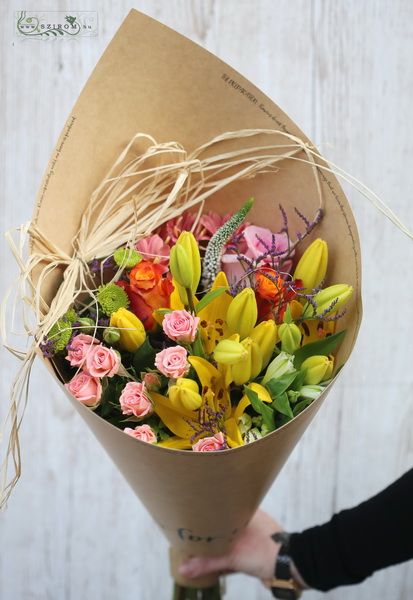 Colorful bouquet with lilies in paper cone (11 stems)