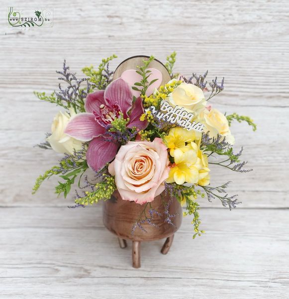 Mother's Day Orchid, Rose, Small Flowers Composition in Metal Bowl (11 strands)