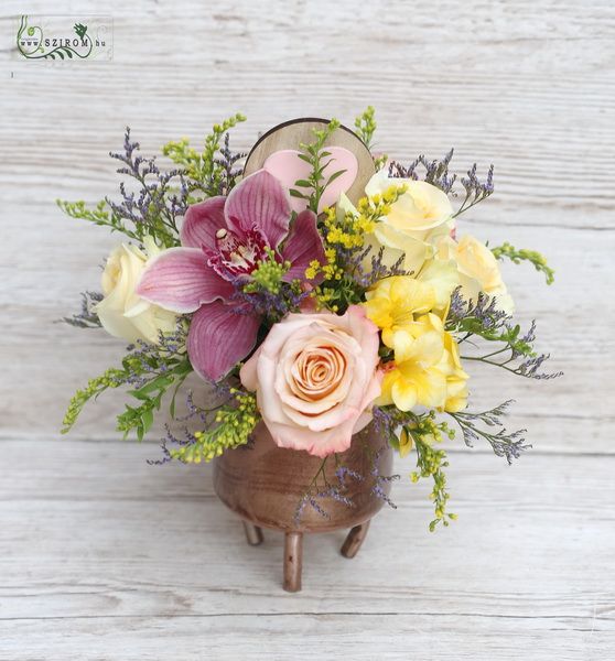 Orchid, Rose, Small Flowers Composition in Metal Bowl (11 strands)