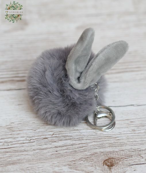 Szürke plüss nyuszi gombóc kulcstartó, 8 cm