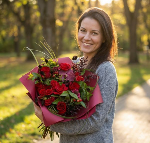 Roter, samtiger Strauß mit Rosen, Orchideen und kleinen Blüten (20 Stiele) - original product photo with AI background