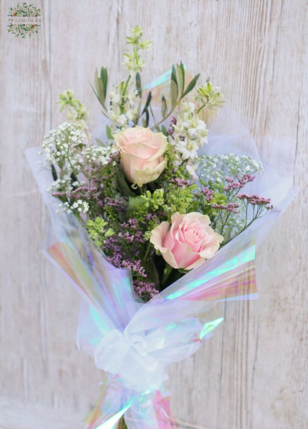 Field flowers with roses, in holographic paper