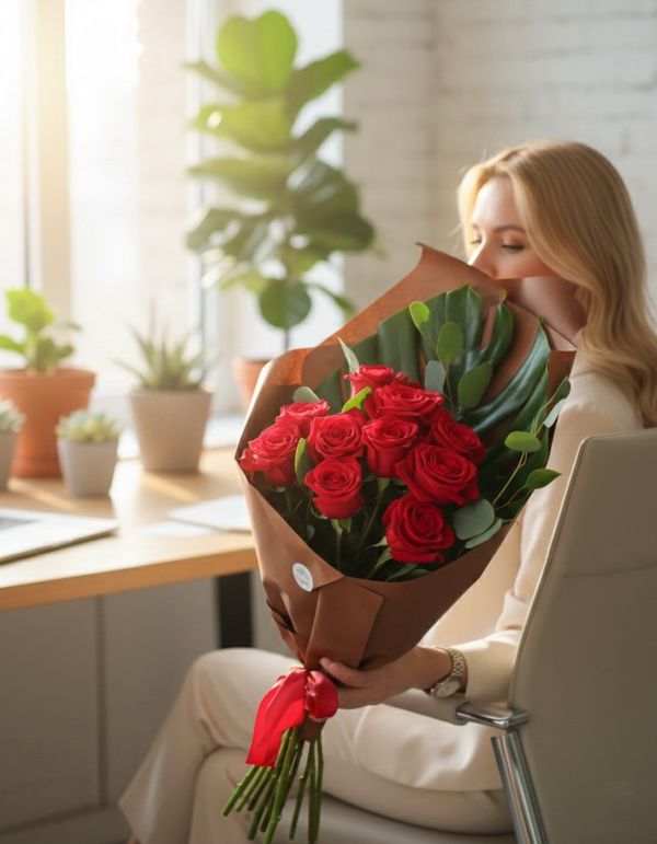 10 red roses for valentine day with monstera leaf - original product photo with AI background