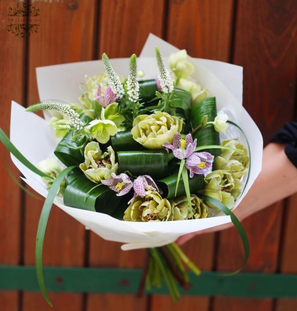 Bouquet with fritillaria, helleborus, green tulips
