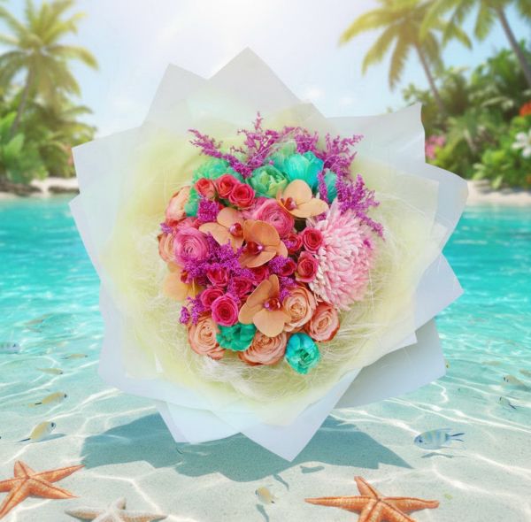 Pfirsich - türkis - rosa Strauß (35 Stiele) - original product photo with AI background