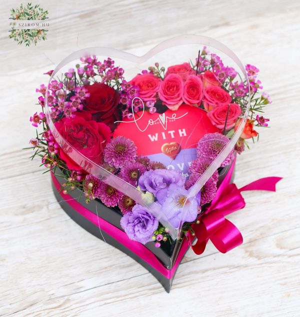 Transparent lid heart box with Milka chocolate, colorful flowers