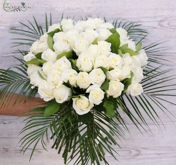 40 long stem white roses in a round bouquet